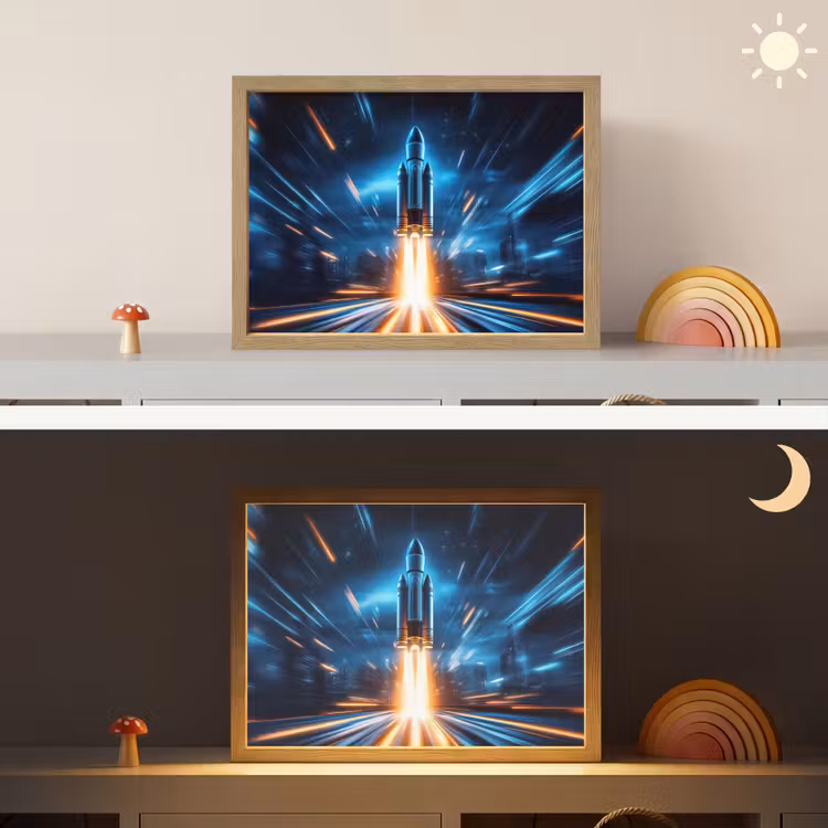 Raket - Ruimte - Blauw - Licht Light Box met batterij (Wandlamp kind) middel -sfeer3_kind