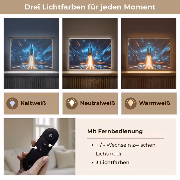 Raket - Ruimte - Blauw - Licht Light Box met batterij (Wandlamp kind) middel -USP_lichtkleurDE