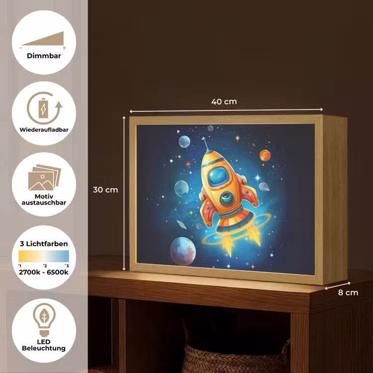 Raket - Ruimte - Planeten - Kinderen - Jongen Light Box met batterij (Wandlamp kind) middel -USP_websiteoverzichtDE