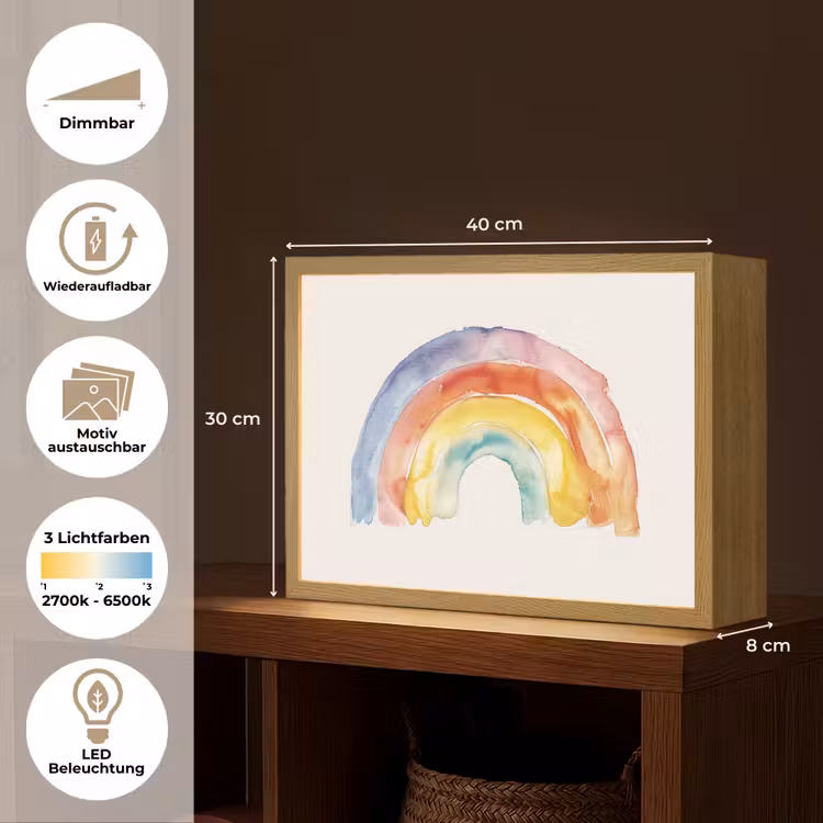 Regenboog - Watercolor - Kleurrijk Light Box met batterij (Wandlamp kind) middel -USP_websiteoverzichtDE