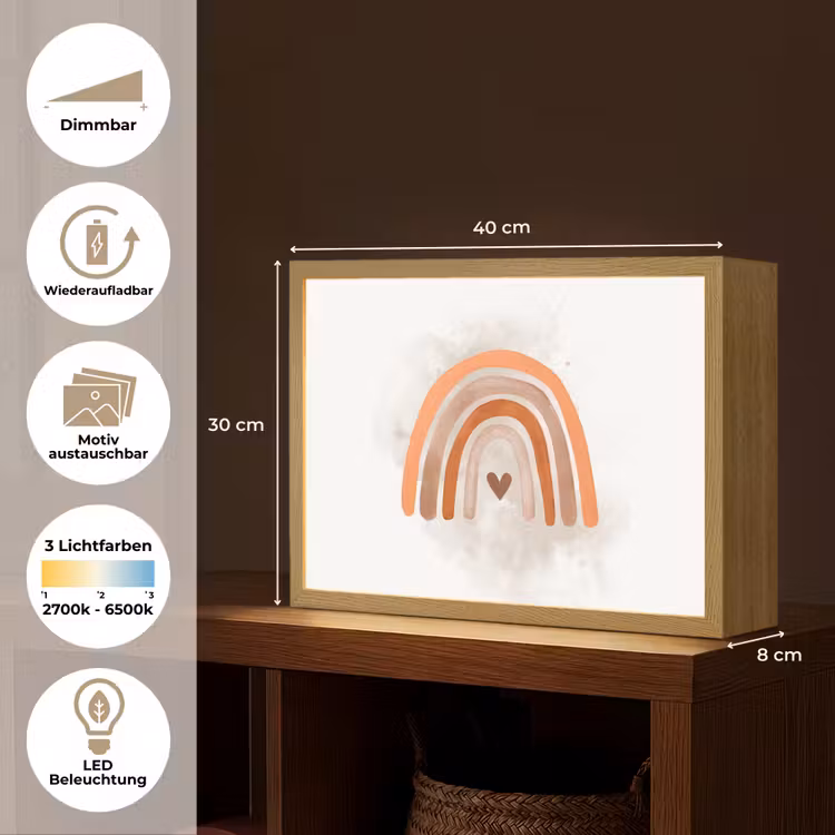 Regenboog - Roze - Pastel kleuren - Hartje Light Box met batterij (Wandlamp kind) middel -USP_websiteoverzichtDE