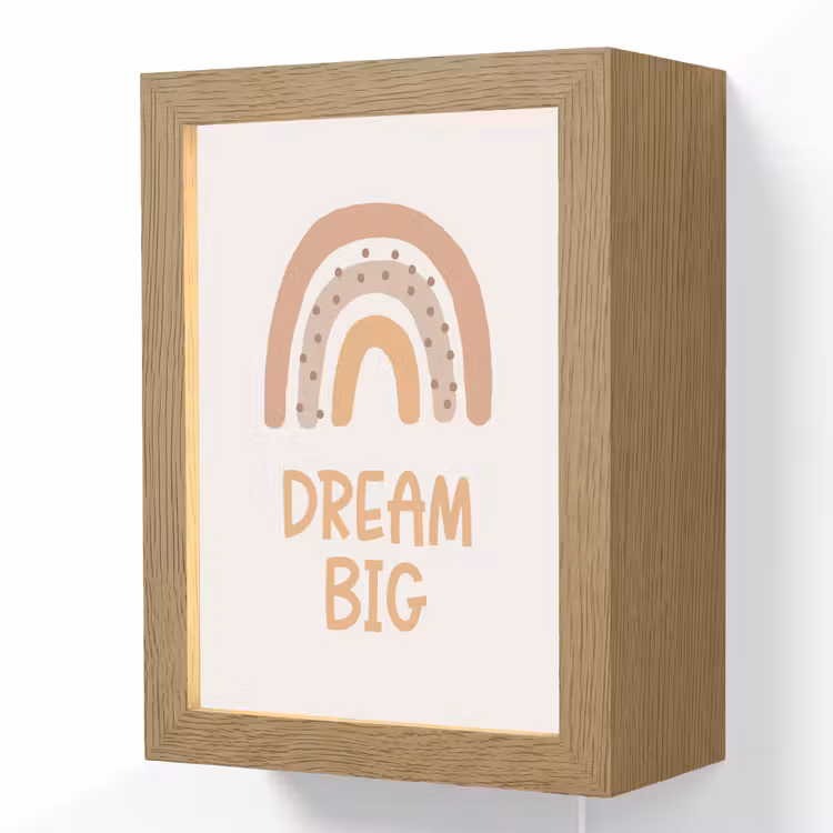 Regenboog - Quote - Dream Big - Pastel kleuren Light Box met kabel (Wandlamp kind) klein -3d