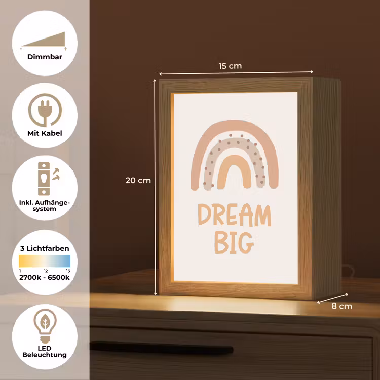 Regenboog - Quote - Dream Big - Pastel kleuren Light Box met kabel (Wandlamp kind) klein -USP_overzichtDE