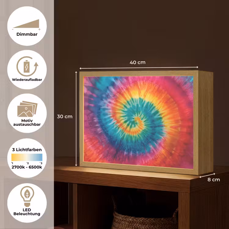 Regenboogkleuren - Tie dye - Light Box met batterij (Wandlamp kind) middel -USP_websiteoverzichtDE