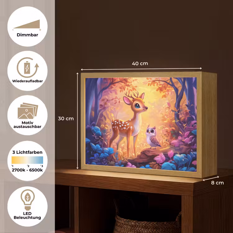 Hertje - Uil - Fantasie - Bos Light Box met batterij (Wandlamp kind) middel -USP_websiteoverzichtDE