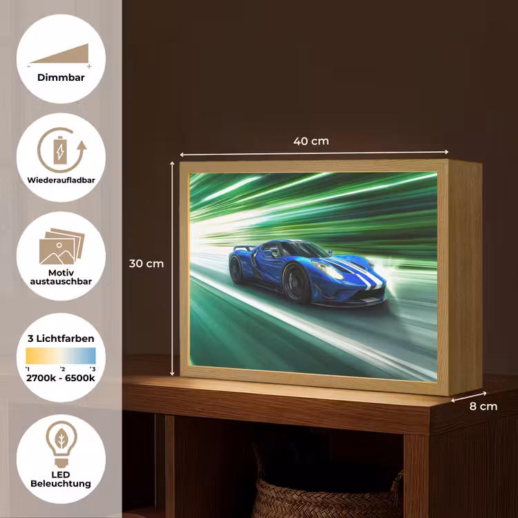 Race auto - Blauw - Groen Light Box met batterij (Wandlamp kind) middel -USP_websiteoverzichtDE