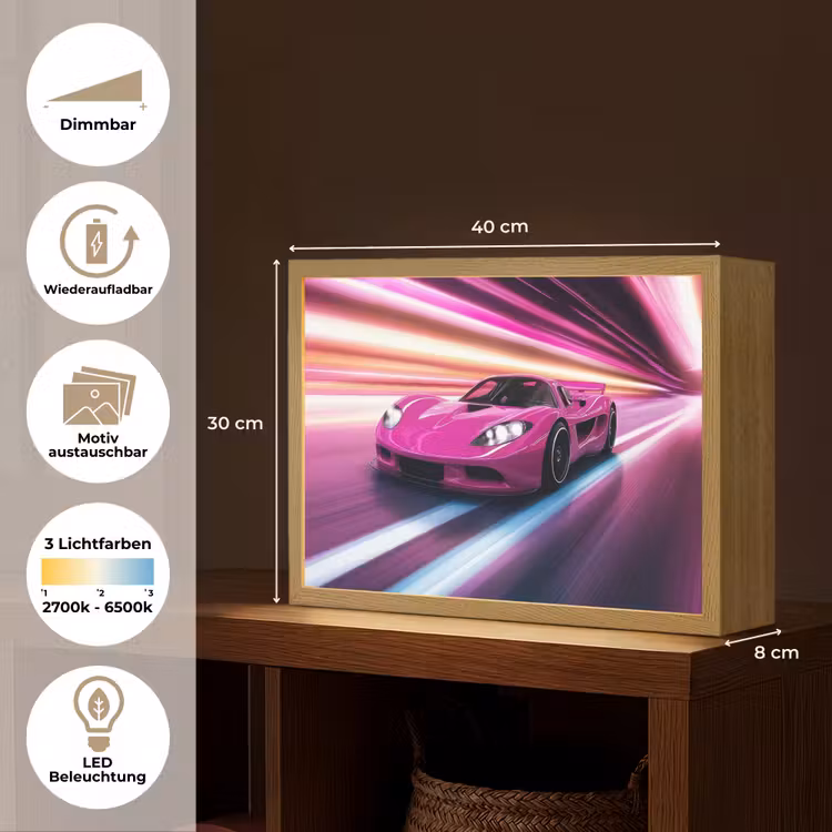 Raceauto - Roze - Neon Light Box met batterij (Wandlamp kind) middel -USP_websiteoverzichtDE