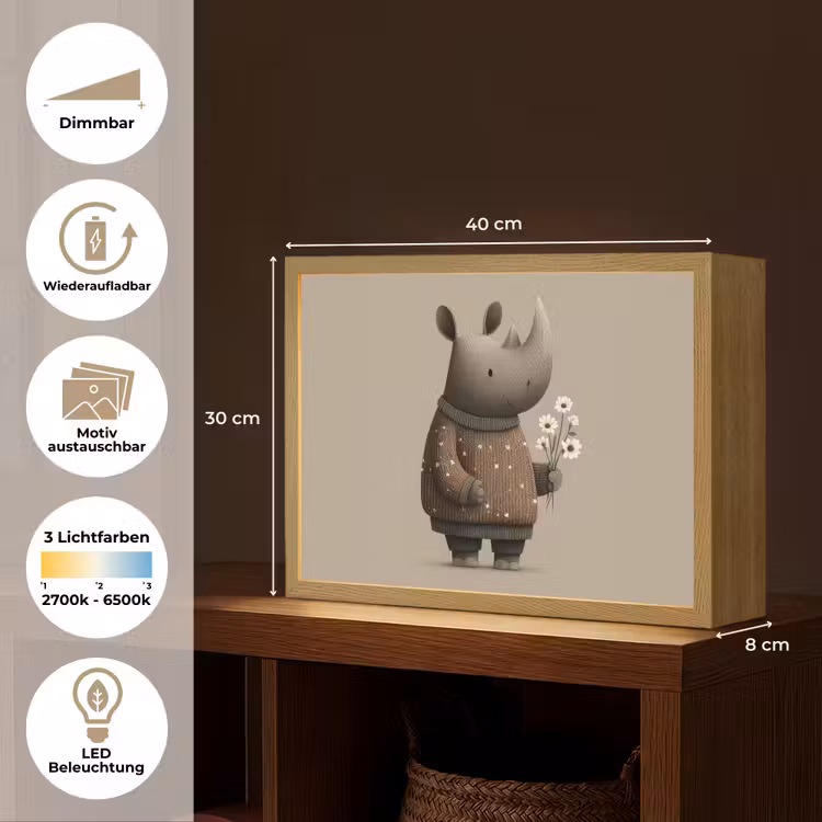 Neushoorn - Witte bloemen - Lief Light Box met batterij (Wandlamp kind) middel -USP_websiteoverzichtDE