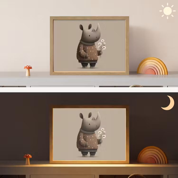 Neushoorn - Witte bloemen - Lief Light Box met batterij (Wandlamp kind) middel -sfeer3_kind