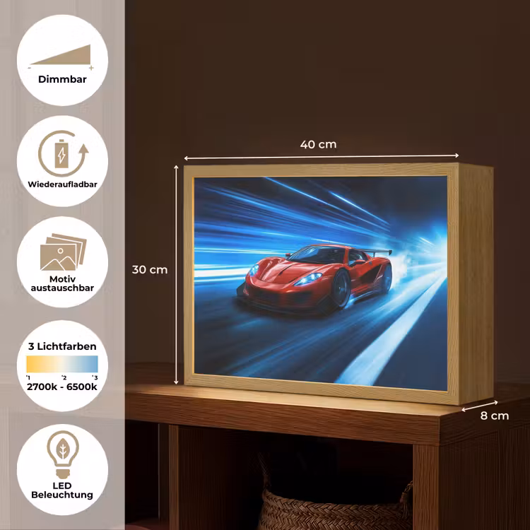 Rode raceauto - Blauw - Futuristisch Light Box met batterij (Wandlamp kind) middel -USP_websiteoverzichtDE
