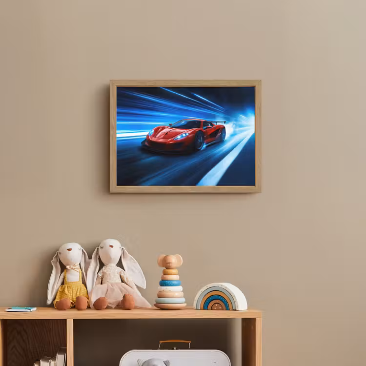 Rode raceauto - Blauw - Futuristisch Light Box met batterij (Wandlamp kind) middel -sfeer2_kind