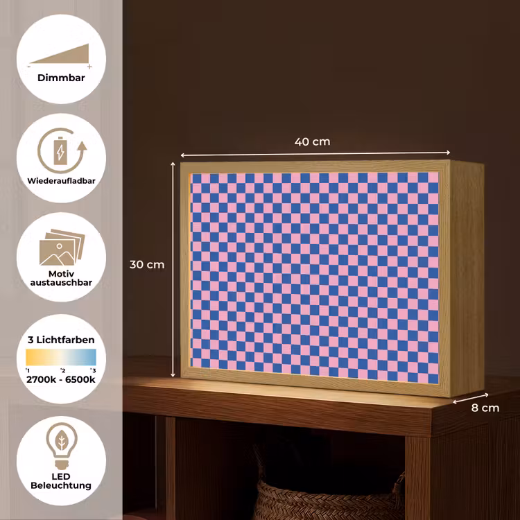 Dambord - Blauw - Patroon - Roze Light Box met batterij (Wandlamp kind) middel -USP_websiteoverzichtDE