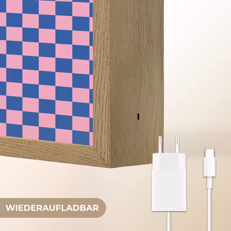 Dambord - Blauw - Patroon - Roze Light Box met batterij (Wandlamp kind) middel -USP_websiteoplaadbaarDE