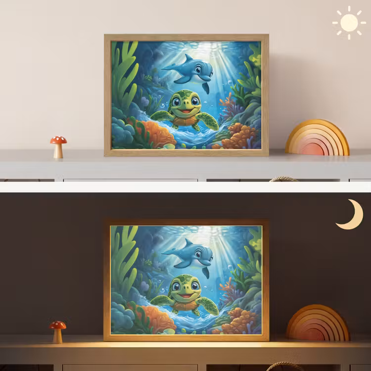 Schildpad - Dolfijn - Oceaan Light Box met batterij (Wandlamp kind) middel -sfeer3_kind