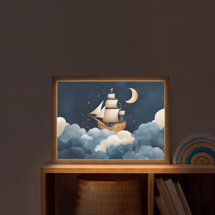 Zeilschip - Sterrenhemel - Wolken - Blauw Light Box met batterij (Wandlamp kind) middel -sfeer1_kind