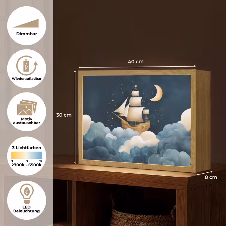Zeilschip - Sterrenhemel - Wolken - Blauw Light Box met batterij (Wandlamp kind) middel -USP_websiteoverzichtDE