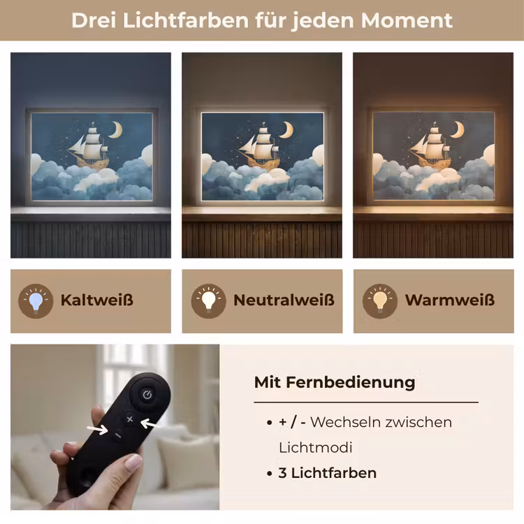 Zeilschip - Sterrenhemel - Wolken - Blauw Light Box met batterij (Wandlamp kind) middel -USP_lichtkleurDE