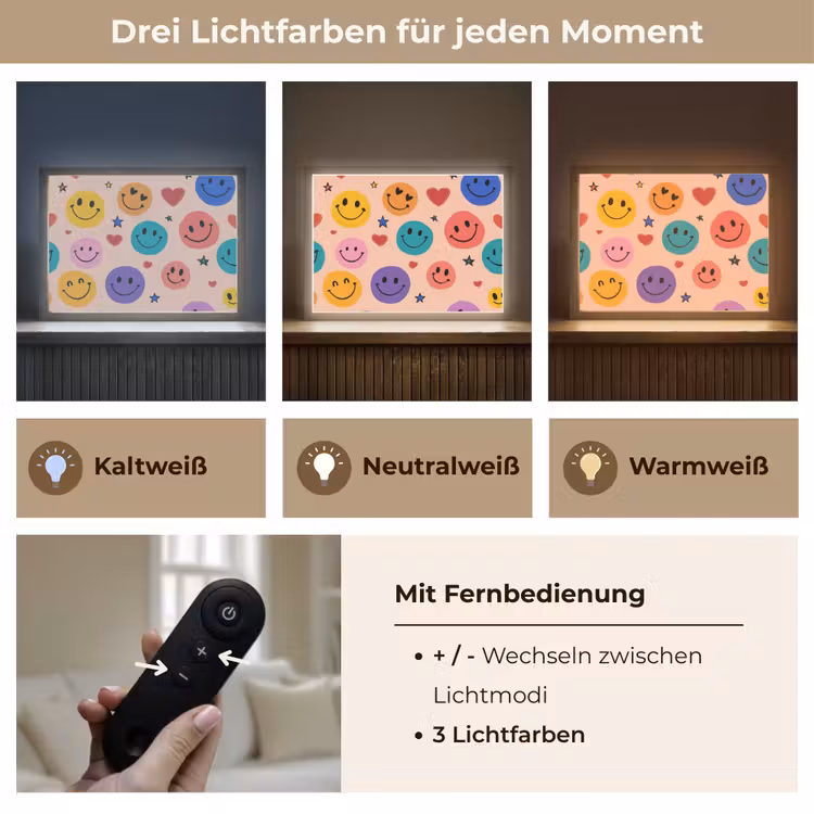 Smileys - Kleurrijk - Hartjes Light Box met batterij (Wandlamp kind) middel -USP_lichtkleurDE