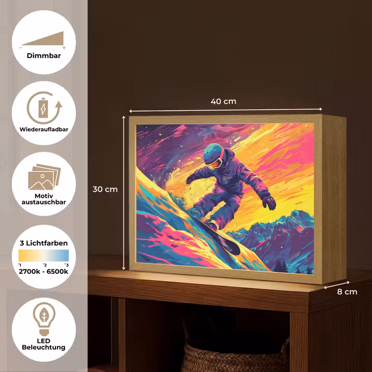 Snowboarden - Sneeuw - Kleurrijk Light Box met batterij (Wandlamp kind) middel -USP_websiteoverzichtDE