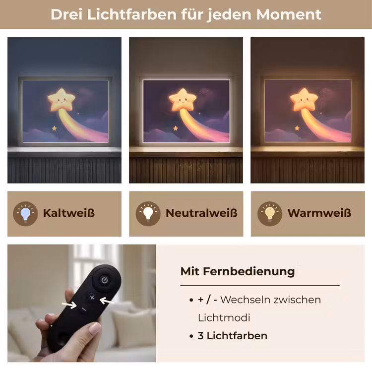 Ster - Gezichtje - Lichtgevend Light Box met batterij (Wandlamp kind) middel -USP_lichtkleurDE