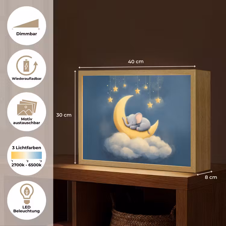 Sterren - Olifant - Maan - Wolken Light Box met batterij (Wandlamp kind) middel -USP_websiteoverzichtDE