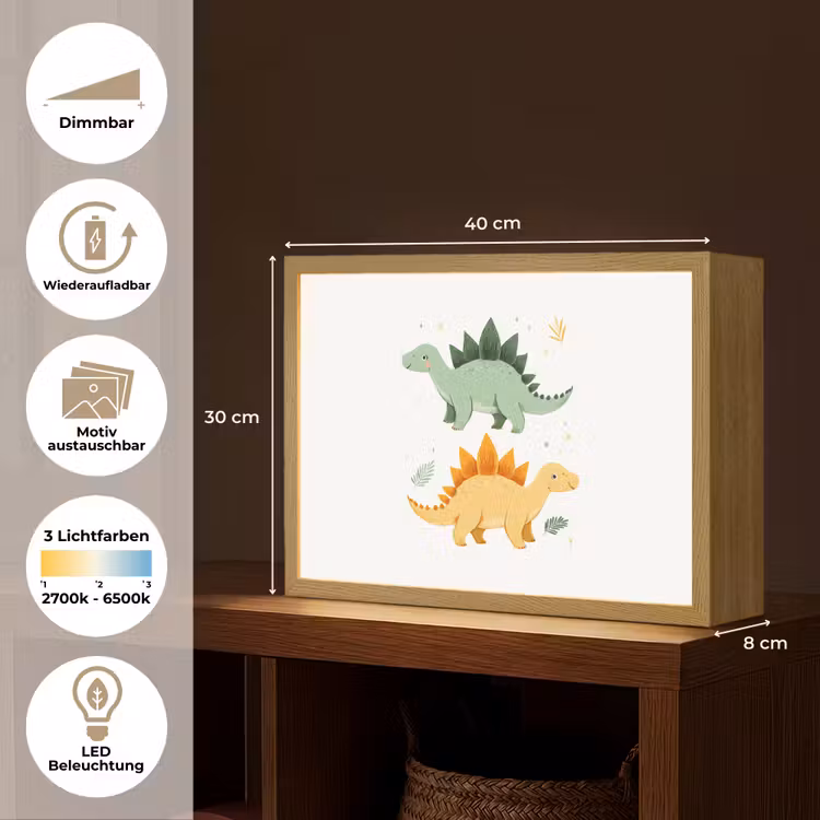 Sterren - Stegosaurussen - Blaadjes - Groen Light Box met batterij (Wandlamp kind) middel -USP_websiteoverzichtDE