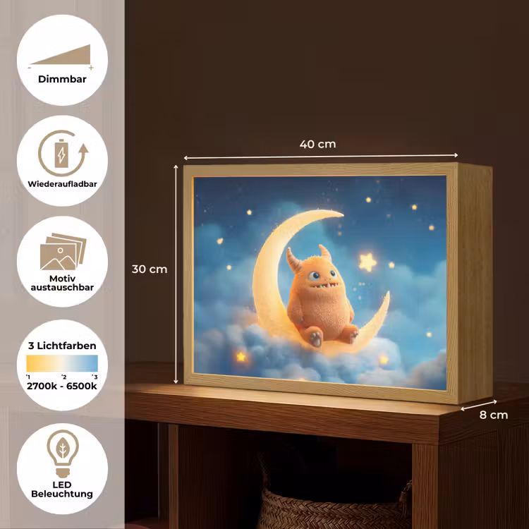 Knuffel - Monster - Maan - Wolken Light Box met batterij (Wandlamp kind) middel -USP_websiteoverzichtDE