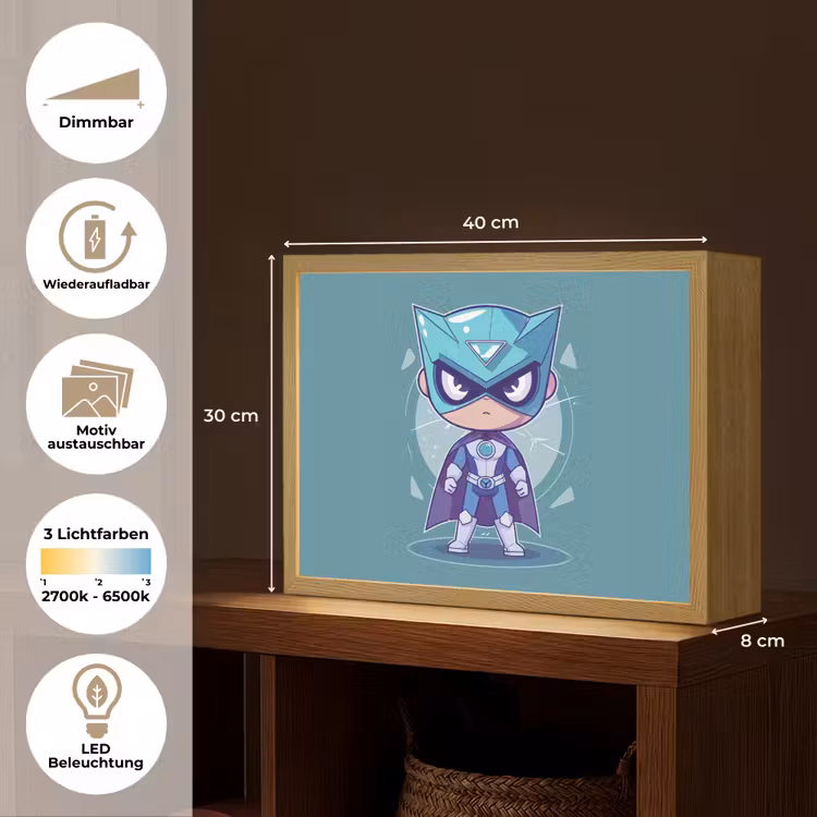 Superheld - Blauw - Jongens Light Box met batterij (Wandlamp kind) middel -USP_websiteoverzichtDE