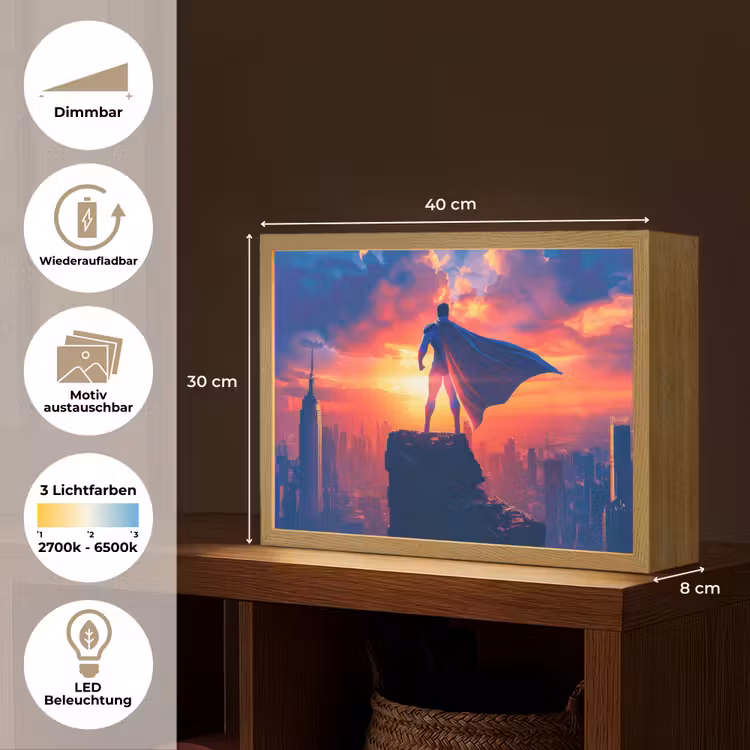 Superheld - Stad - Jongens - Kleurrijk - Zon Light Box met batterij (Wandlamp kind) middel -USP_websiteoverzichtDE