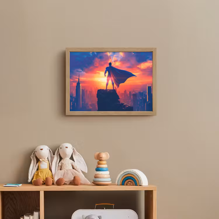 Superheld - Stad - Jongens - Kleurrijk - Zon Light Box met batterij (Wandlamp kind) middel -sfeer2_kind