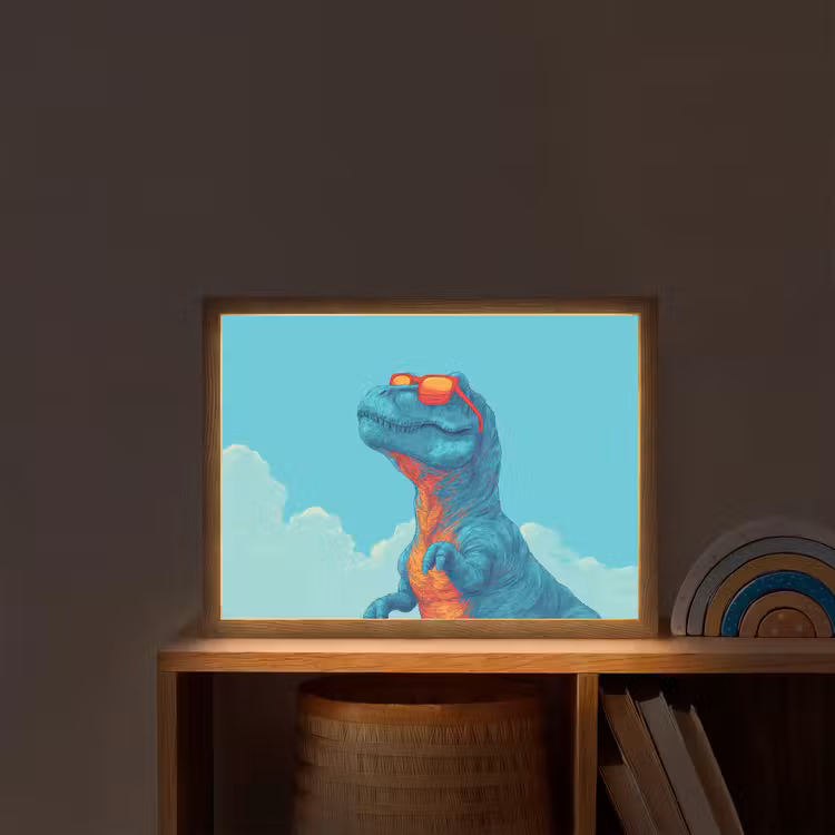 T-Rex - Blauw - Wolken - Zonnebril Light Box met batterij (Wandlamp kind) middel -sfeer1_kind