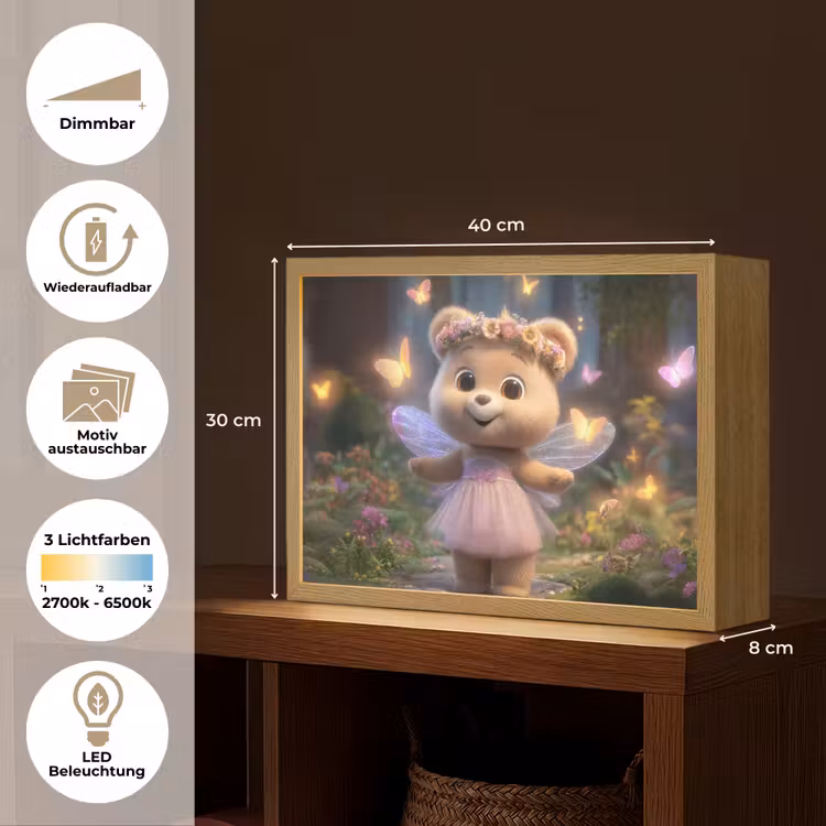 Teddybeer - Bloemenkrans - Vlinders - Elfenvleugels Light Box met batterij (Wandlamp kind) middel -USP_websiteoverzichtDE