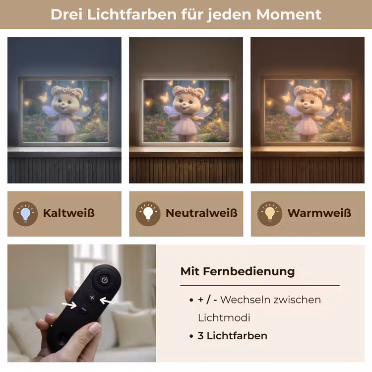Teddybeer - Bloemenkrans - Vlinders - Elfenvleugels Light Box met batterij (Wandlamp kind) middel -USP_lichtkleurDE