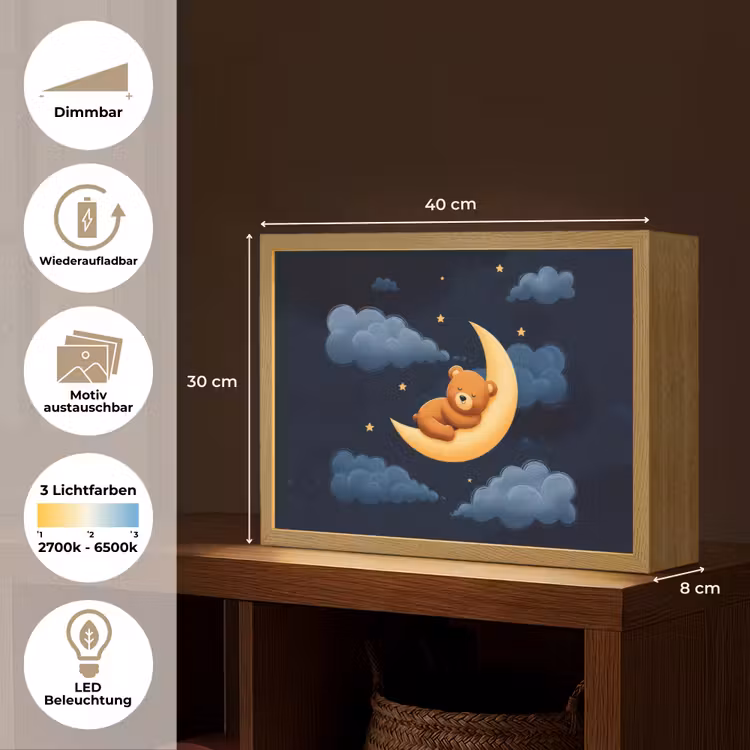 Teddybeer - Maan - Wolken - Sterren Light Box met batterij (Wandlamp kind) middel -USP_websiteoverzichtDE