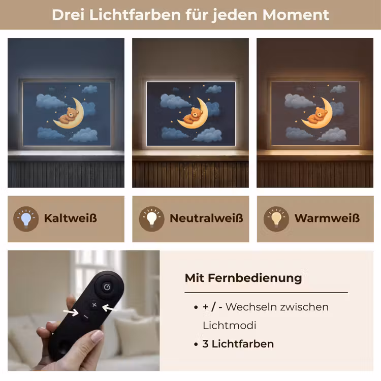 Teddybeer - Maan - Wolken - Sterren Light Box met batterij (Wandlamp kind) middel -USP_lichtkleurDE