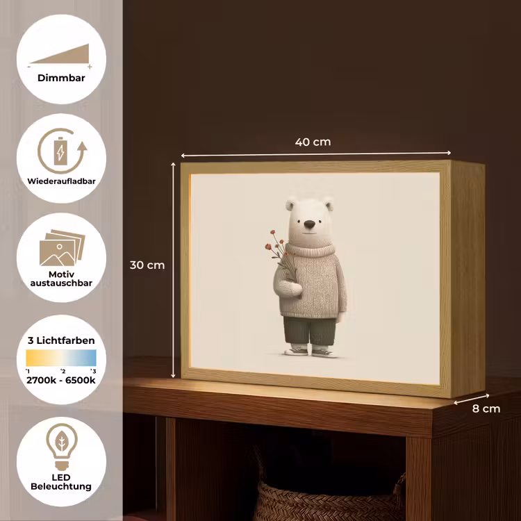 Knuffelbeer - Oranje bloemen - Vriendelijk Light Box met batterij (Wandlamp kind) middel -USP_websiteoverzichtDE