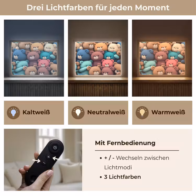 Knuffelbeer - Knuffel - Roze - Blauw - Bruin - Kind Light Box met batterij (Wandlamp kind) middel -USP_lichtkleurDE