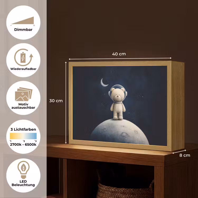 Teddybeer - Ruimtehelm - Maan - Sterren Light Box met batterij (Wandlamp kind) middel -USP_websiteoverzichtDE