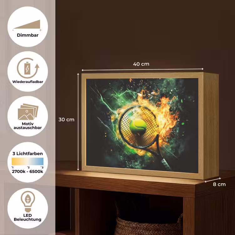 Tennis - Racket - Vuur - Groen Light Box met batterij (Wandlamp kind) middel -USP_websiteoverzichtDE