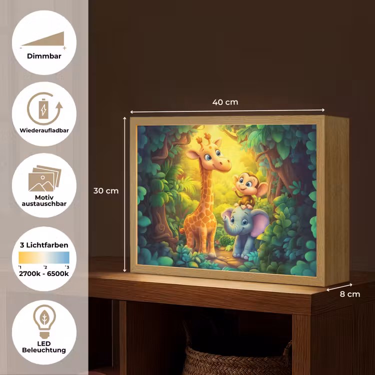 Dieren - Jungle - Giraf - Olifant - Aapje Light Box met batterij (Wandlamp kind) middel -USP_websiteoverzichtDE