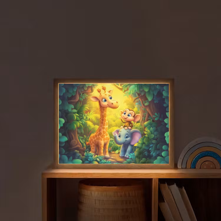 Dieren - Jungle - Giraf - Olifant - Aapje Light Box met batterij (Wandlamp kind) middel -sfeer1_kind