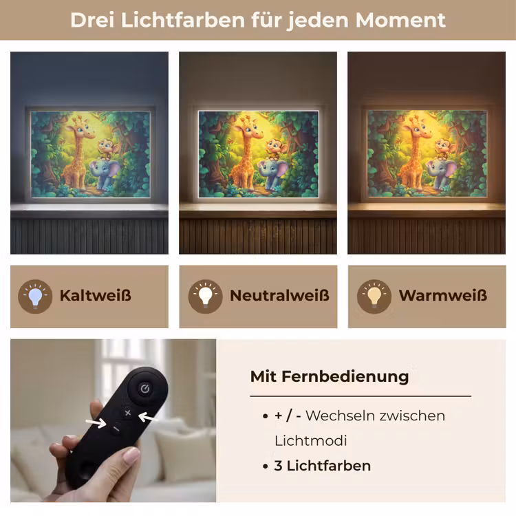 Dieren - Jungle - Giraf - Olifant - Aapje Light Box met batterij (Wandlamp kind) middel -USP_lichtkleurDE