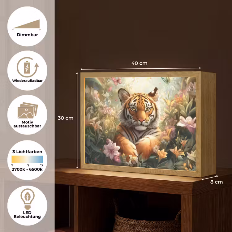Tijger - Bloemen - Jungle - Dieren Light Box met batterij (Wandlamp kind) middel -USP_websiteoverzichtDE
