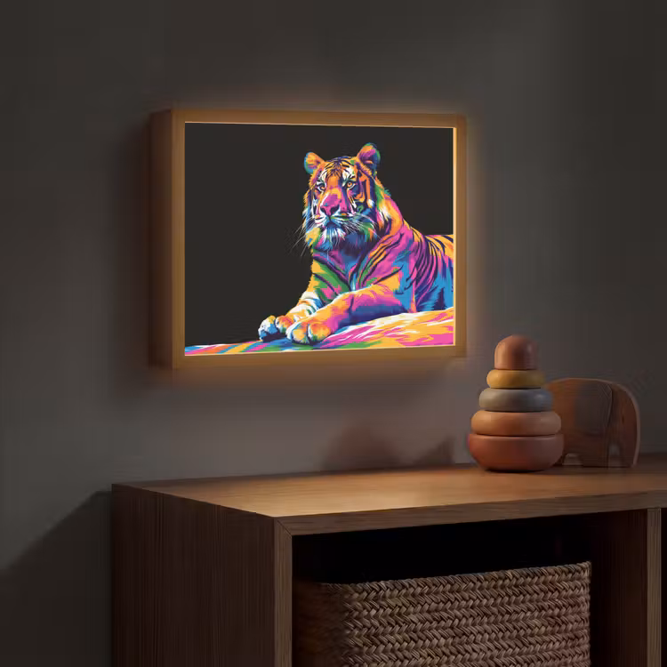 Tijger - Kleurrijk - Dieren - Zwart - Neon Light Box met batterij (Wandlamp kind) middel -sfeer5_kind