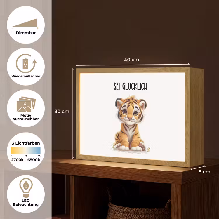 Tijger - Wees gelukkig - Quote - Dier Light Box met batterij (Wandlamp kind) middel -USP_websiteoverzichtDE