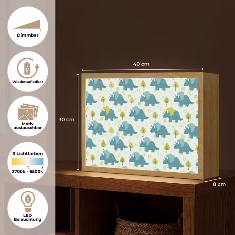 Triceratop - Blauw - Stippen - Boompjes Light Box met batterij (Wandlamp kind) middel -USP_websiteoverzichtDE