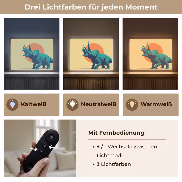 Triceratops - Cirkel - Oranje - Hoorns Light Box met batterij (Wandlamp kind) middel -USP_lichtkleurDE