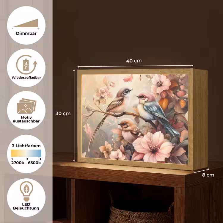 Vogels - Bloemen - Roze - Pastel Light Box met batterij (Wandlamp kind) middel -USP_websiteoverzichtDE