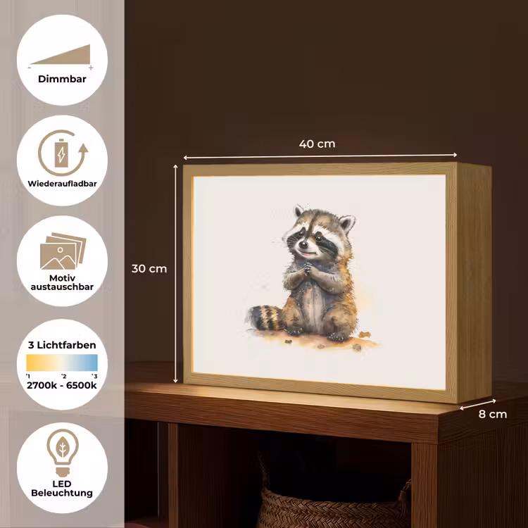 Wasbeer - Waterverf - Kleuren - Dieren - Kids Light Box met batterij (Wandlamp kind) middel -USP_websiteoverzichtDE