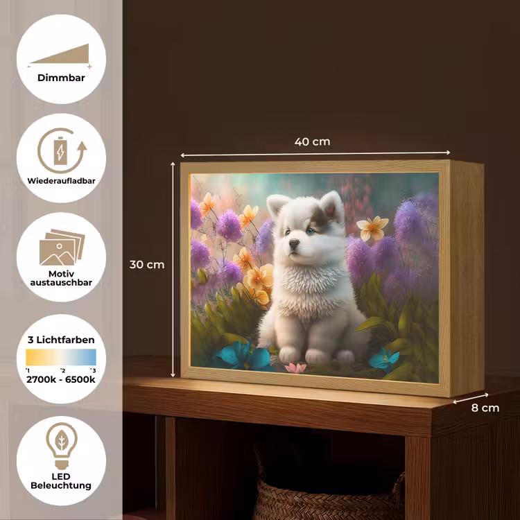 Puppy - Bloemen - Planten - Natuur - Husky Light Box met batterij (Wandlamp kind) middel -USP_websiteoverzichtDE